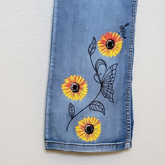 Hippie Chic Boot Cut Jeans With Sunflowers Size L - Picture 4 of 8